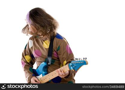 Girl fashion moving whit electric guitar on a over white background
