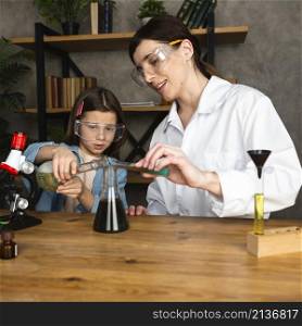 girl female teacher doing science experiments with microscope