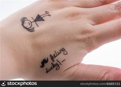 Girl figure drawn on a finger tip with black color