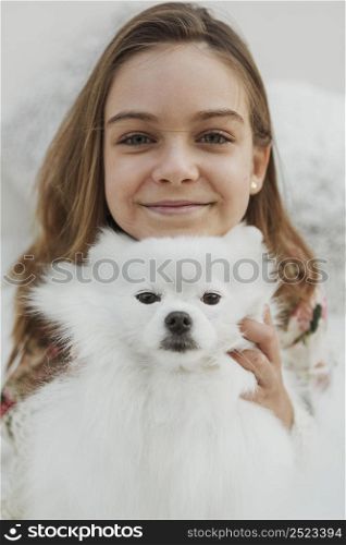 girl fluffy dog front view