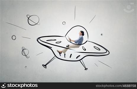 Girl flying in spaceship. Funny image of woman flying in drawn spaceship
