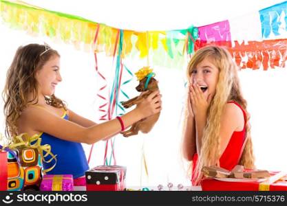 girl friends party excited with puppy chihuahua present dog in birthday