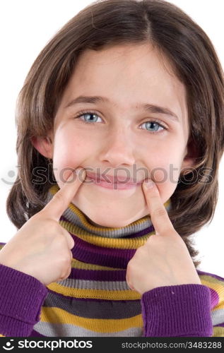 Girl getting a smile with her fingers on a over white background