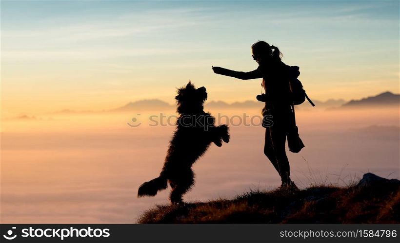 Girl gives food to his mountain dog photo silhouettes with a spectacular backdrop of clouds and mountains