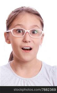 Girl greatly surprised on a white background