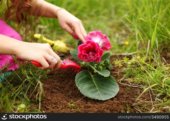 girl grow flower on green field