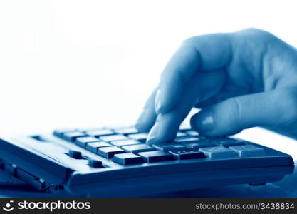 girl hand calculate on white background