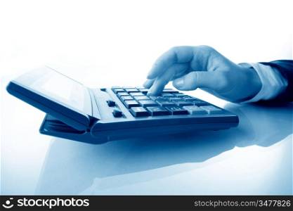girl hand calculate on white background