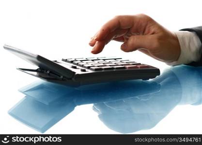 girl hand calculate on white background