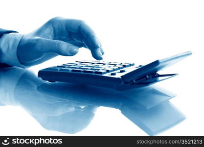 girl hand calculate on white background