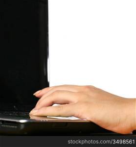 girl hand fingers press buttons on laptop