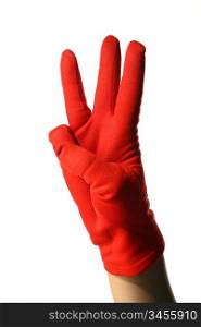 girl hand in red show sign three