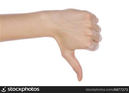Girl hand showing thumb down failure hand sign gesture. Gestures and signs. Body language on white background