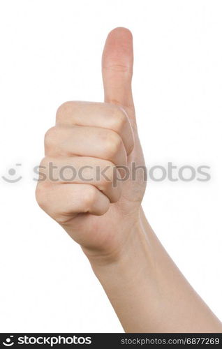 Girl hand showing thumb up, hand sign gesture. Gestures and signs. Focus on finger