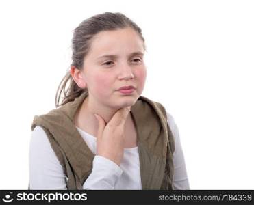 girl have sore throat isolated on the white background