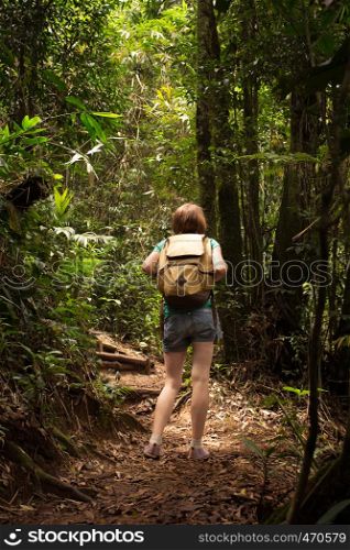 girl hiker with backpack at the jungle forest
