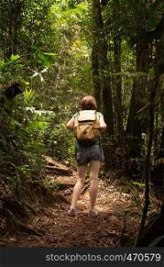 girl hiker with backpack at the jungle forest