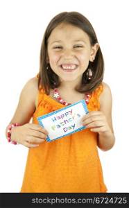 girl holding a fathers day card in her hand