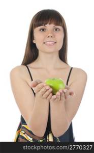 girl holding a green apple in hand. Isolated on white background