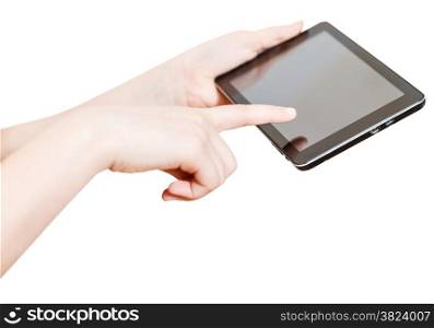 girl holding and touching touchpad screen isolated on white background