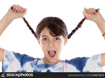 girl holding braids and shouting over white background