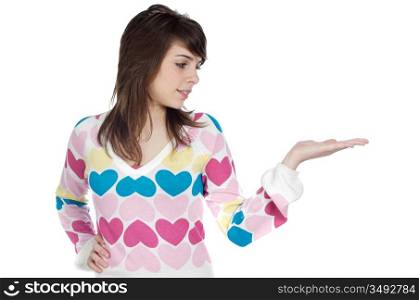 Girl holding nothing over a white background