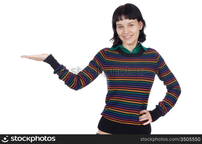 Girl holding nothing over a white background