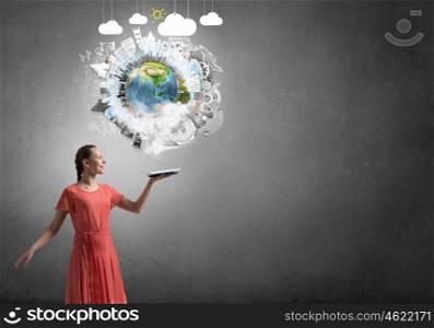 Girl holding opened book. Young woman in red dress with book in hand. Elements of this image are furnished by NASA