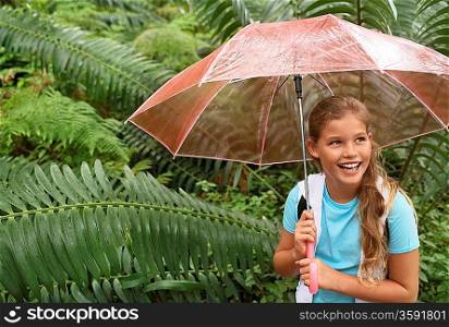Girl Holding Umbrella in Forest