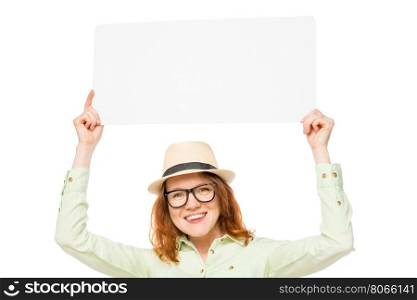 girl holds a placard above his head on a white background