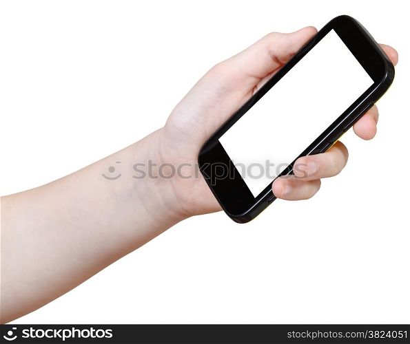 girl holds mobile phone with cut out screen isolated on white background
