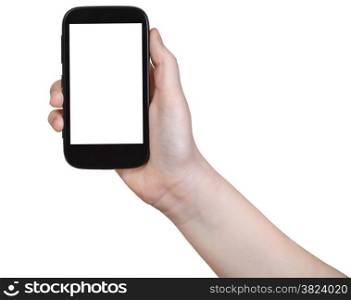 girl holds smartphone with cut out screen isolated on white background
