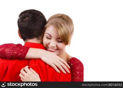Girl hugging boyfriend romantically.. Young beauty woman hug man romantically. Couple in love on date. Isolated on white.