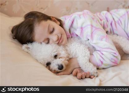 girl hugging her dog bed while sleeping