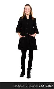 girl in a black coat over a white background