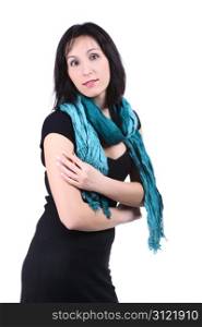 Girl in a black dress with a green scarf, isolated on a white background.