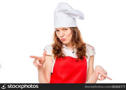 girl in a cap and a red apron chef posing on a white background