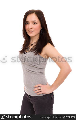 girl in a gray vest and black trousers. Isolated on a white
