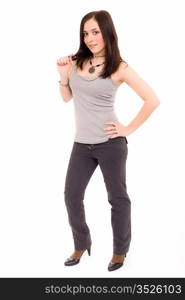 girl in a gray vest and black trousers on a white background
