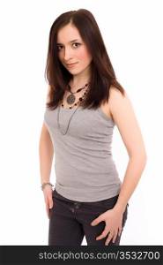 girl in a gray vest and black trousers on a white background