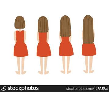 Girl in a red dress with different hair lengths. From square to long. Vector illustration on white background
