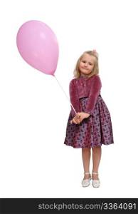 Girl in a smart dress holding a pink balloon.