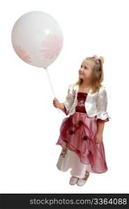 Girl in a smart dress holding a white balloon.