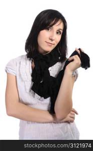 Girl in a white blouse with a black scarf, isolated on a white background.
