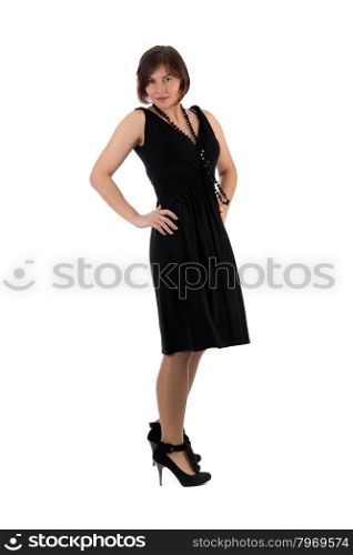 Girl in black dress with beads. Isolate on white.