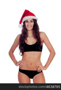 Girl in black underwear and a Santa hat isolated