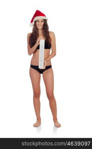 Girl in black underwear and a Santa hat with a thermometer isolated