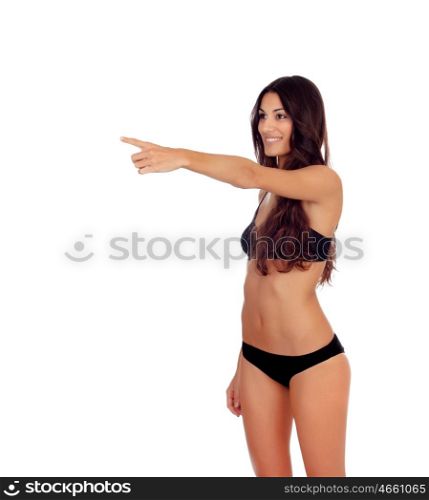 Girl in black underwear pointing something isolated