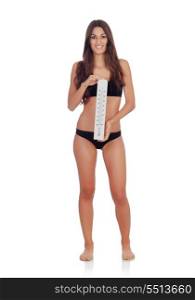 Girl in black underwear with a thermometer isolated on a white background