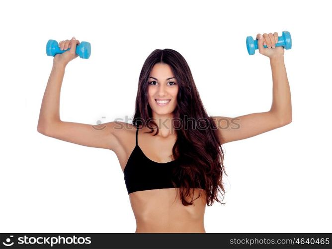 Girl in black underwear with dumbbells isolated